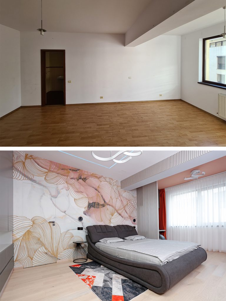 dormitor modern cu dressing si accente de rosu - inainte si dupa